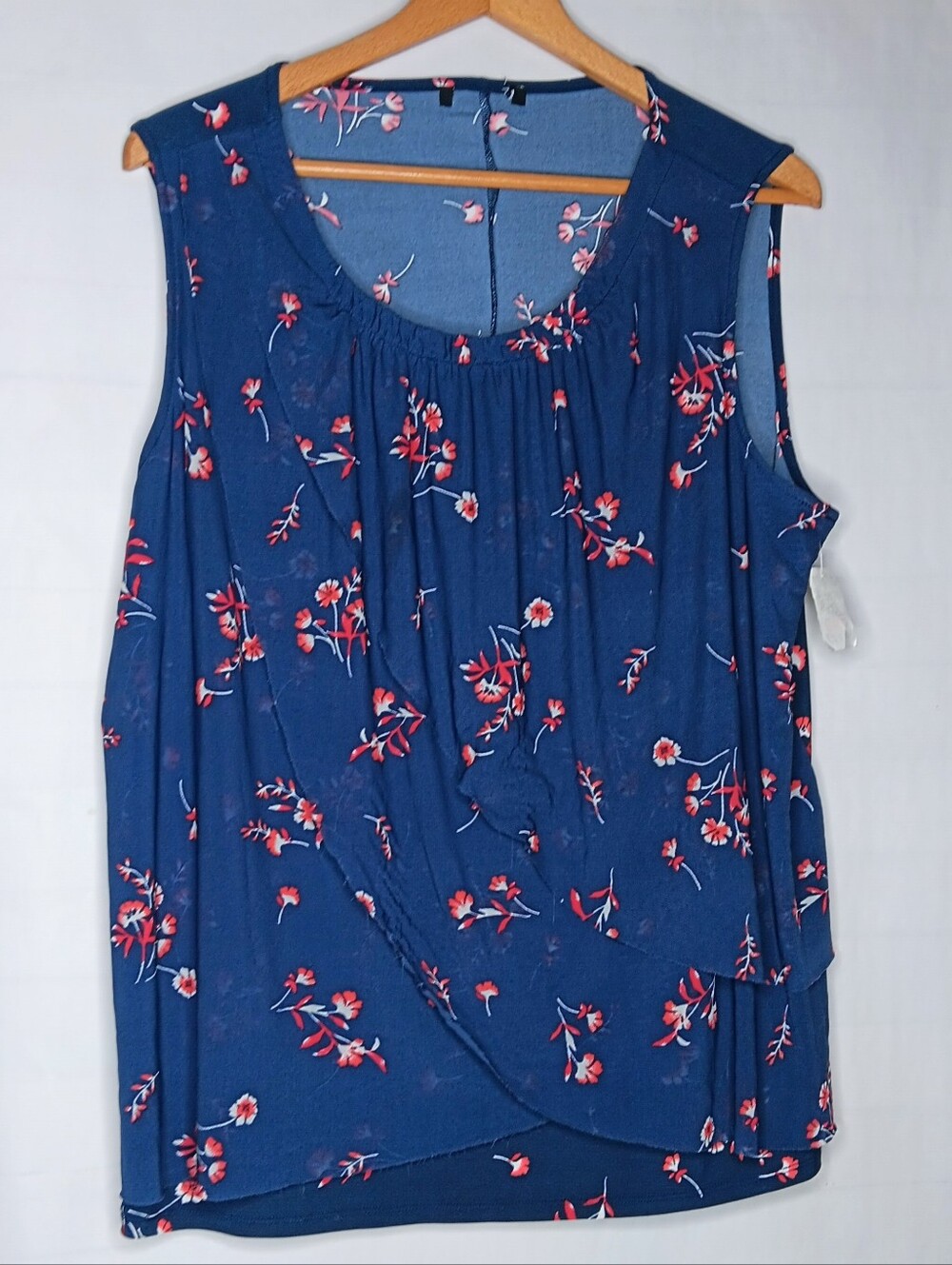 Nine West 1XL Navy Blue Floral Blouse Ruffle Stretch Womens